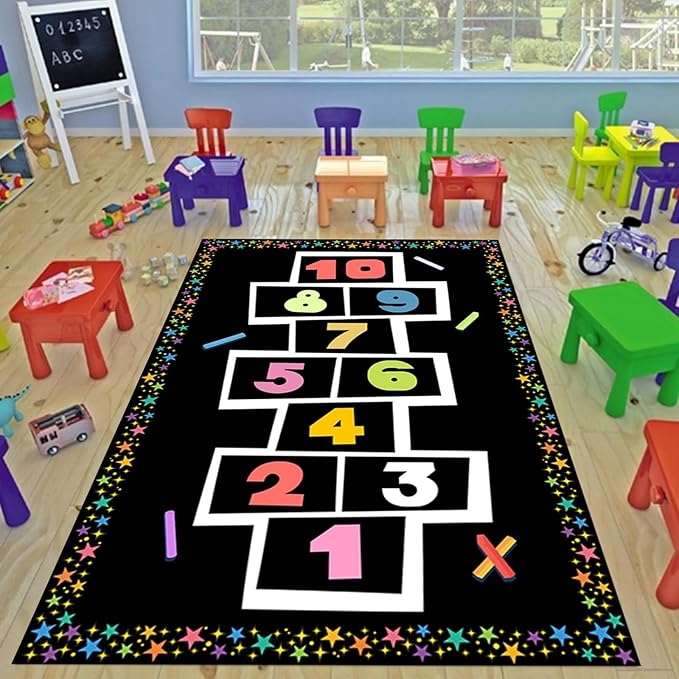 6x9ft Hopscotch Rug for Kids Room Nursery Number Star Pattern Hopscotch Mat Soft Non-Slip Kids Area Rug for Playroom Bedroom Indoor Entrance Washable Floor Mats