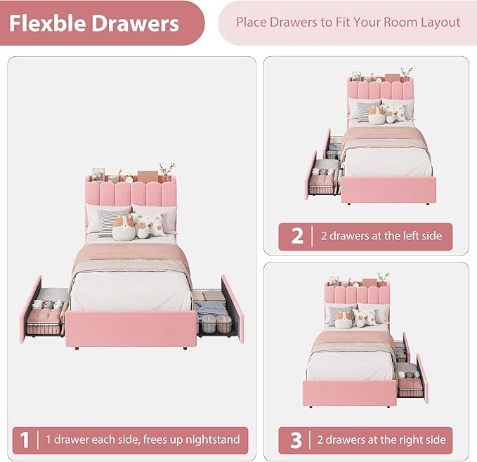 Garvee LED Twin XL Bed Frame with Storage Headboard, Kids Bed Frame with 2 Drawers, Boucle Upholstered Platform Bed for Girls, Chic Wavy Headboard with Bookcase, No Box Spring Needed, Pink
