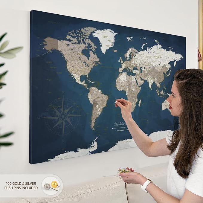 ElephantStock - My World Adventures Push Pin Travel Map I Wall Art - Horizontal Canvas Wall Art - Living Room Wall Decor - Printmaking Map Canvas Art - Blue And Beige Decor - 45" x 30"