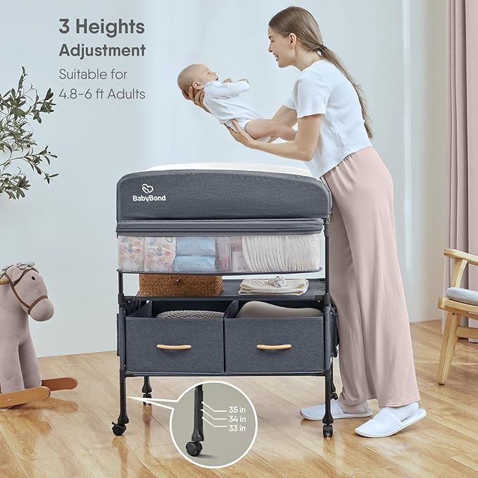 Portable Baby Changing Table with 2 Storage Baskets, BabyBond Foldable Changing Table Dresser Diaper Changing Table Height Adjustable Changing Station for Infant and Newborn(Grey)