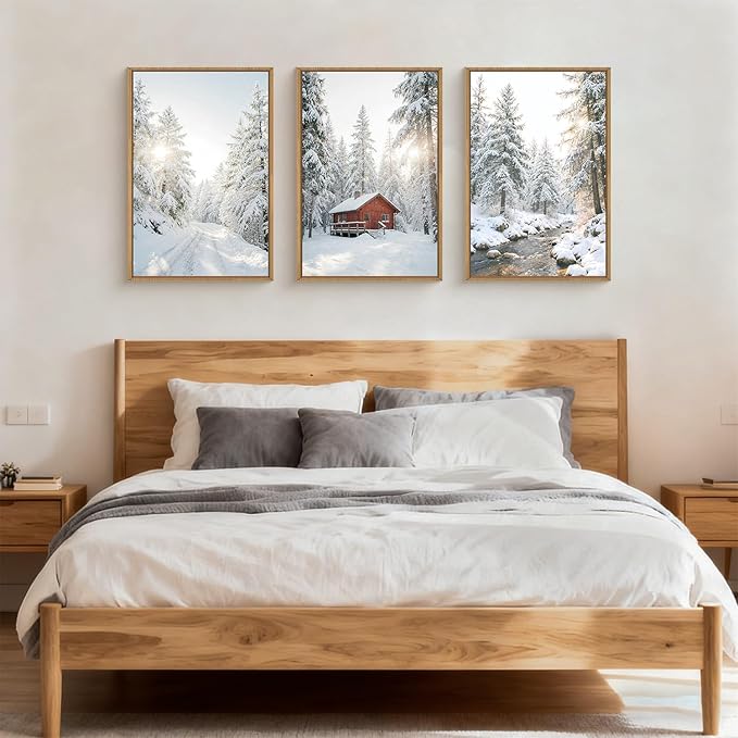 FWIEXA Christmas Winter Canvas Wall Art Set 3, Red Cabin Snowy Forest Framed Prints, Pine Tree Stream Landscape Paintings, 24x36In Country Barn Artwork for Holiday,Gift,Living Room,Bedroom,Farmhouse