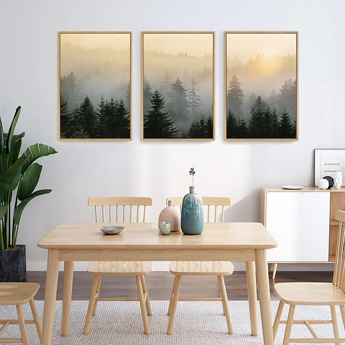 FWIEXA Mountain Wall Art Canvas Set, Misty Forest Framed Wall Decor, 3 Piece Nature Wall Painting, Foggy Pine Tree Landscape Artwork, 16x24 Inches Green Pictures for Living Room, Bedroom, Office, Gift