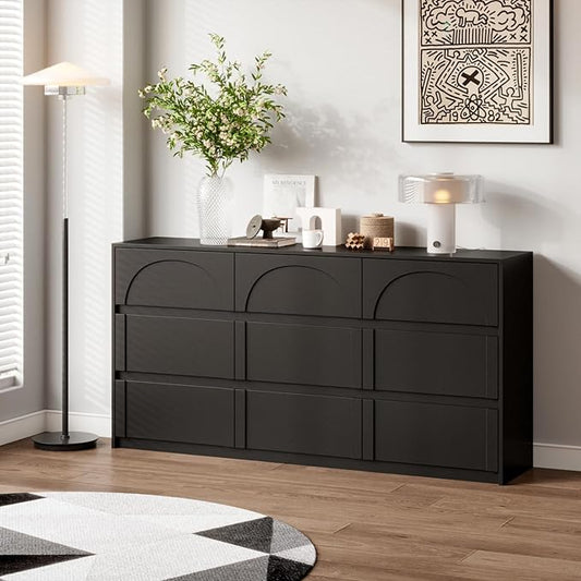 9 Drawer Dresser Chest of Drawers, Modern Black Dresser for Bedroom, 63” Wide Drawer Chest, No Handles, Arch-Shape Pattern, 9 Drawer Cabinet for Living Room, 13.8”D x 63”W x 31.5”H