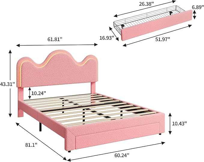 IDEALHOUSE Queen Bed Frame with LED Headboard and Under-Bed Drawer, Metal Upholstered Platform Bed with LED Light for Kids, Girls, Lamb Fleece Fabric, Wooden Slats Support, No Box Spring Needed, Pink