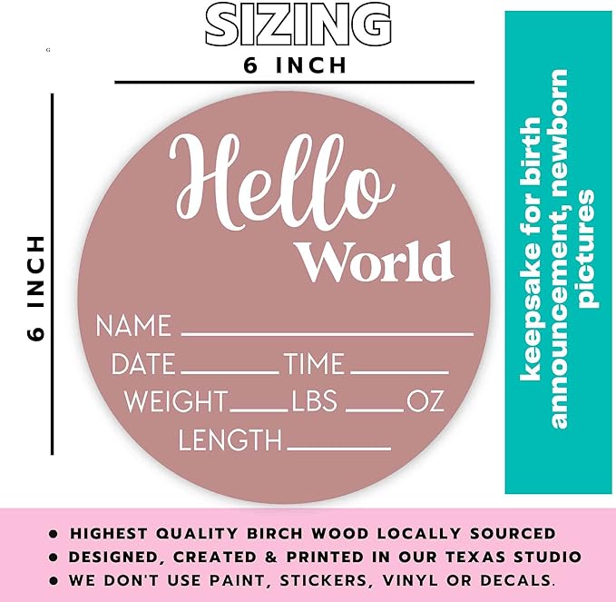 Hello World Newborn Sign - Baby Name Birth Announcement Plaque for Hospital - Photo Prop - Desert Rose Pink Nursery Decor - Shower Gift