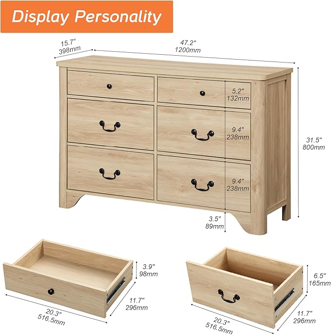 WAMPAT 6 Drawers Dresser for Bedroom, 47.2“ Wide Kids Dresser for Boys and Girls with Large Drawers for Bedroom, Living Room, Hallway, Oak