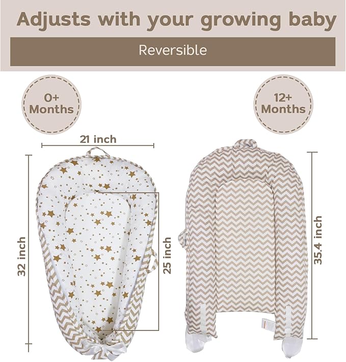 Aila + Aiden Baby Lounger | Organic Cotton Infant Lounger | Reversible, Adjustable & Portable Floor Lounger |Supervised Use | Soft, Breathable, Washable Cover - Star Collection (White/Tan)