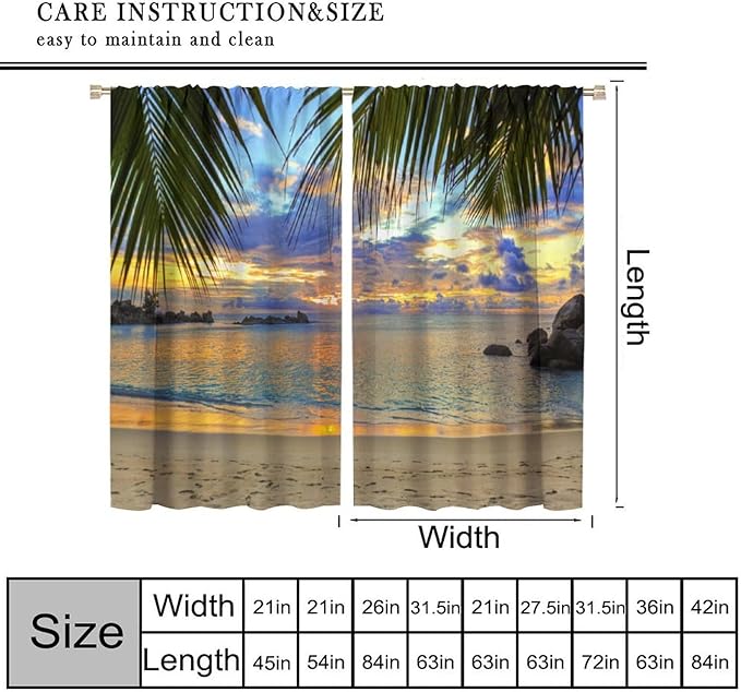 Ocean Beach Curtains,Sunset on Beach in The Evening Hawaiian Seaside Scene Pattern Blackout Print Home Bedroom Living Room Window Treatments 2 Panel Set 63x63 Inch