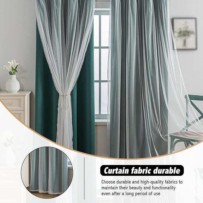 Anytime Home Curtains Blackout and Sheer Layered Solid Window Curtain Panel Pair with Grommet Top, 52Wx84L,Dark Green