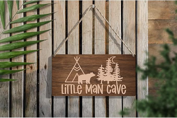 Little Man Cave Sign Woodland Nursery Wall Decor for Baby Boys Nursery Room Decor for Boys Bedroom Farmhouse Sign Rustic Bear Forest Animal Signs 12 × 6 Inch（Wood 4008）