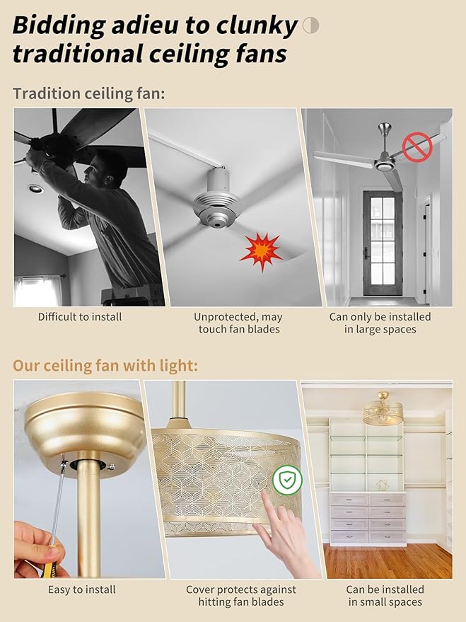 20" Boho Ceiling Fans with Lights, Gold Fandelier Ceiling Fan with Light Remote Control with Caged 6 Speeds for Bedroom, Nursery, Living Room