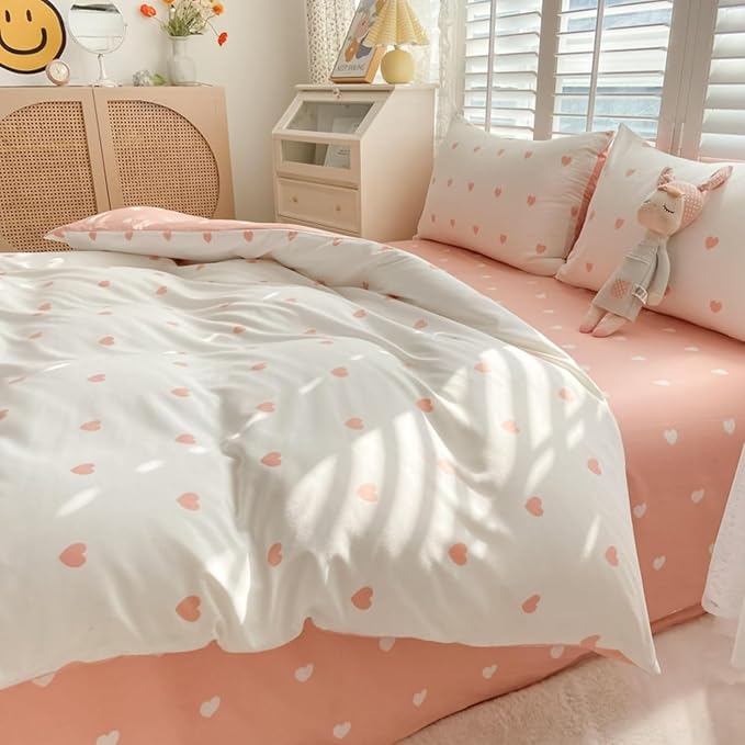 Blush Pink Duvet Cover Set King Heart Bedding Set Cute Love Heart Bedding 3Pcs Girls Reversible White Pink Duvet Cover with Zip and 2 Pillowcases（No Comforter）