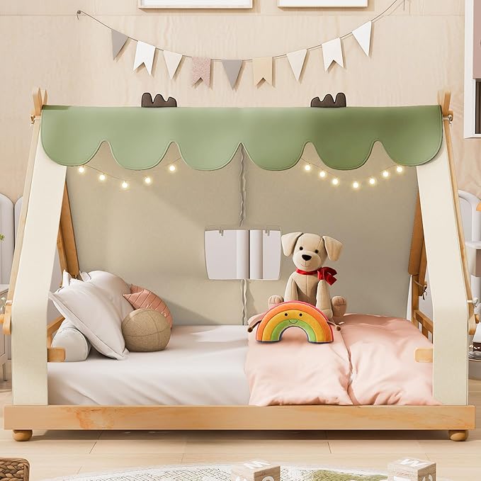 Full Size House Bed for Kids with Light and Tent, Montessori Floor Bed Full for Kids Girls Boys Teens Bedroom, White