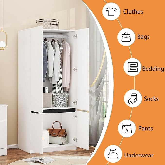 Armoire Wardrobe Closet with Drawers：75" Large White Wardrobe Closet Cabinet with 6 Doors for Hanging Clothes, Modern Wooden Bedroom Armoires with 4 Drawers and Storage (A+C+A, 94.5")