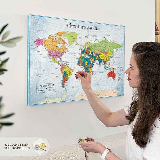 ElephantStock - Personalized Adventure Awaits IV Push Pin World Map Wall Art - Horizontal Canvas Wall Art - Living Room Wall Decor - Digital Art Map Canvas Art - Blue And Green Decor - 30" x 20"