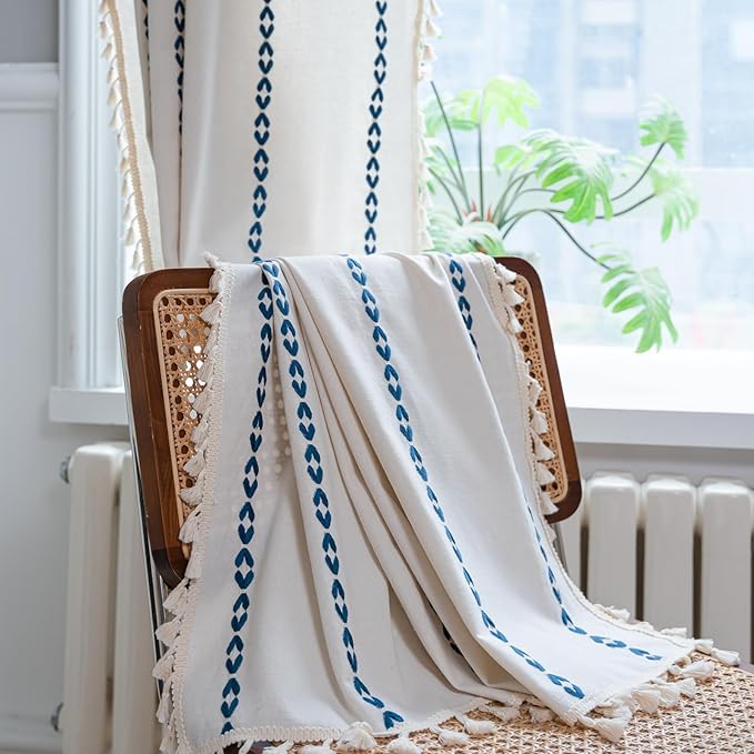 Deeprove Navy Blue Boho Curtain 84 inches Long for Bedroom, Vintage Bohemian Embroidery Farmhouse Cotton Royal Blue Striped Linen Country Tassel Window Treatments Decor, W52 x L84, 1 Panel