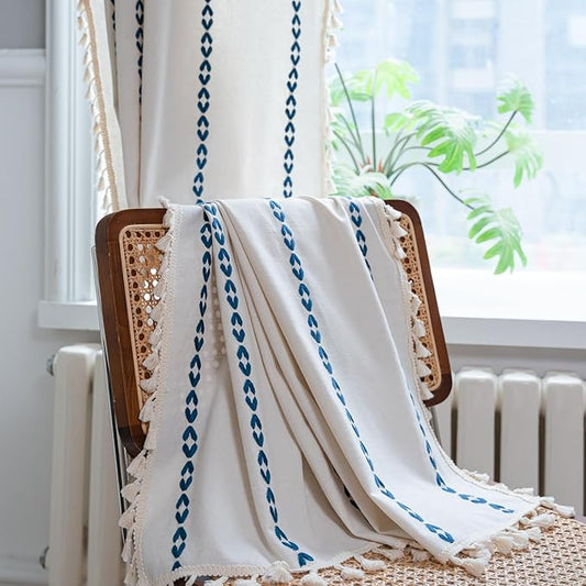 Deeprove Navy Blue Boho Curtains 63 inches Length for Kitchen, Vintage Bohemian Embroidery Farmhouse Cotton Linen Striped French Country Tassel Window Treatments Decor, W52 x L63, 1 Panel