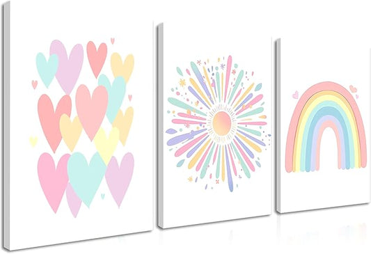 Framed Girls Rainbow Canvas Wall Art Set of 3, Colorful Boho Sun Nursery Wall Decor Painting, Kids Heart Picture Posters Prints for Classroom Kids Room Baby Room Bedroom Dorm Decor 16x24 In