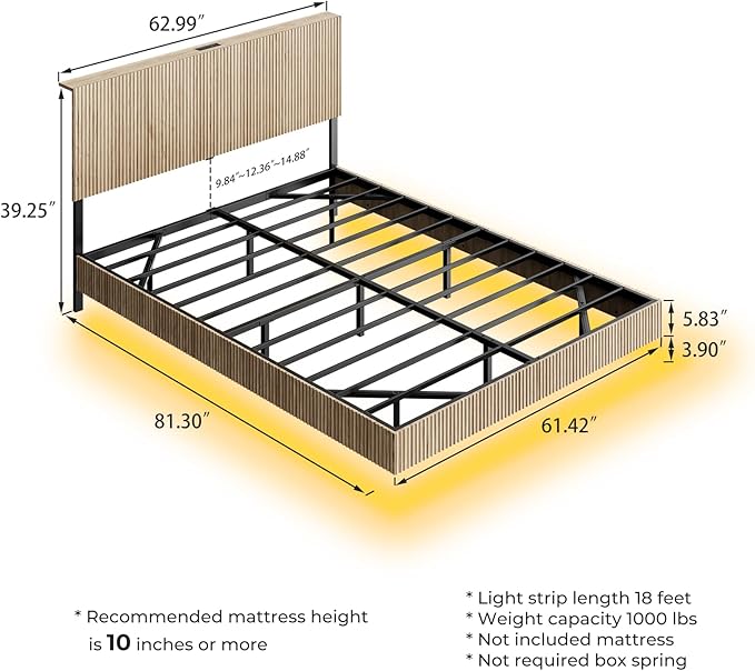 Evermagin Natural Queen Floating Bed Frame with Headboard, Boho Fluted Platform Bed with LED Lights, Heavy Duty Floating Bedframe with Charging Station, No Box Spring Needed