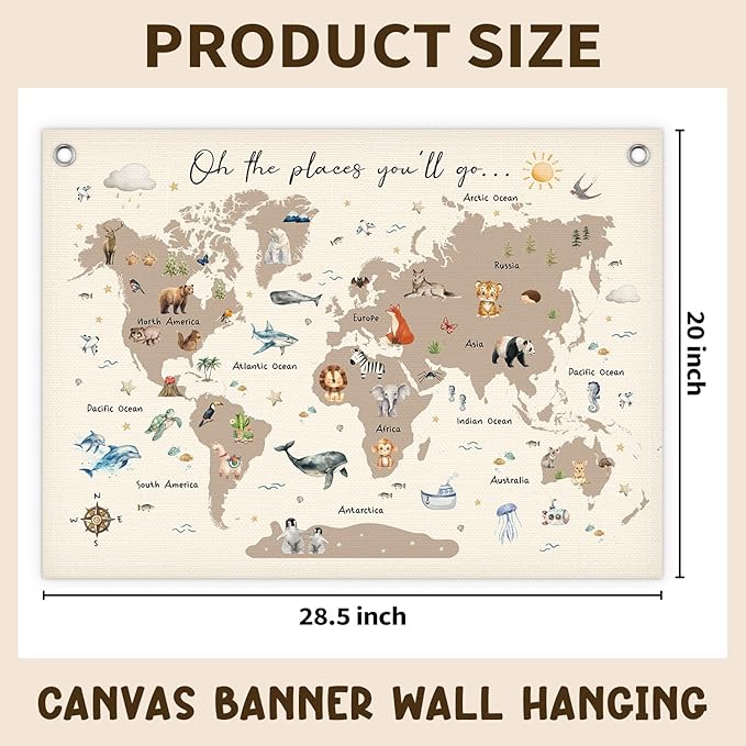 World Map Linen Banner, World Map Cute Animal Canvas Banner, Wall Hanging Banners Flags for Nursery Classroom Homeschool Playroom Bedroom -14
