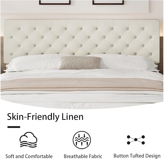 BarnFurin King Bed Frame, Upholstered Platform Bed with Button Tufted Headboard, Fabric Bed Frame with Wooden Slats Support, No Box Spring Required, Easy Assembly, Cream