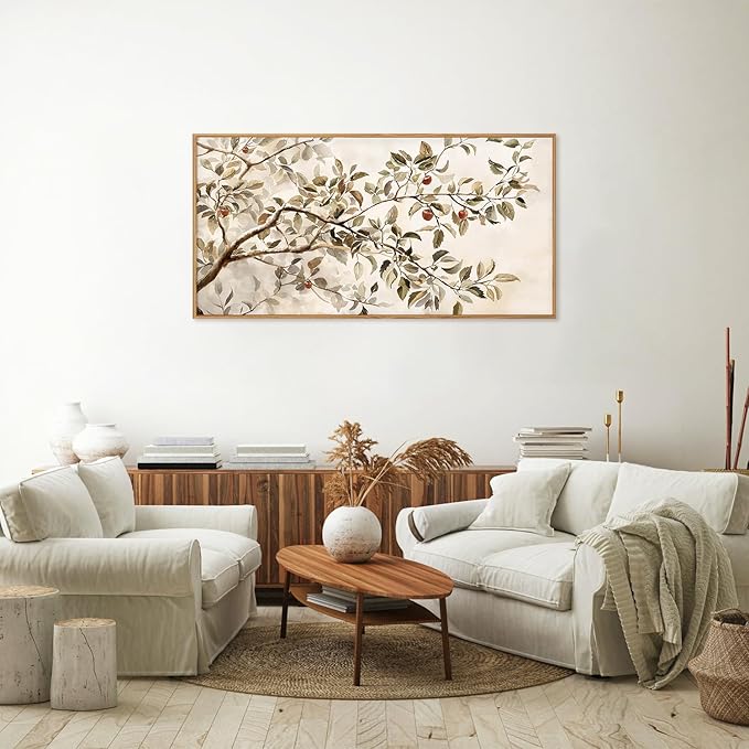 HLNIUC Apple Tree Vintage Framed Wall Art Set, Botanical Branch Canvas Wall Decor, Rustic Farmhouse Leaves Wall Painting, Retro Nature Plant Art Print for Living Room, Bedroom, Office - 40"x20"x1
