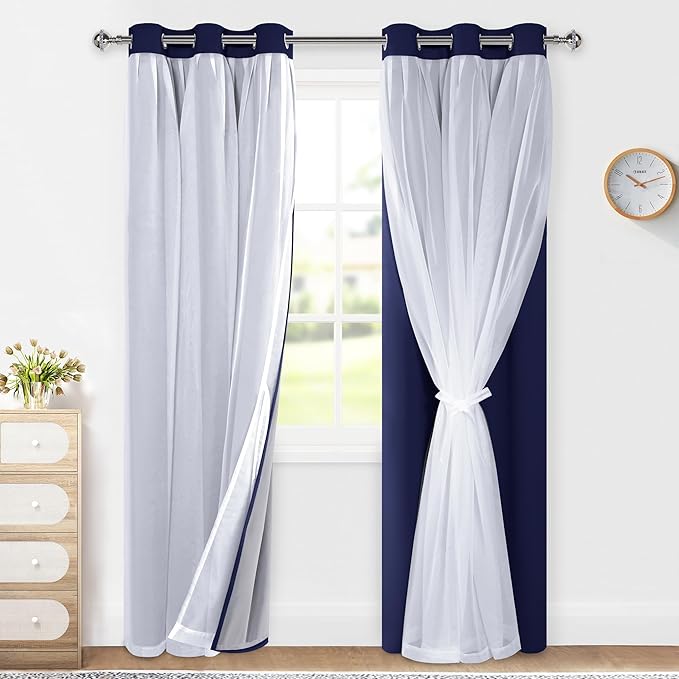 XWZO 100% Blackout Double Layer Curtains, Blackout Curtains with Sheer Overlay for Living Room, Bedroom, Grommet Thermal Insulated Privacy Curtains with Tiebacks, 2 Panels, 38x84, Navy Blue