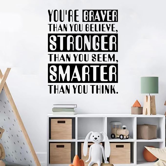 Baby Quotes Wall Stickers for Nursery: Kids Inspirational Positive Moon Stars Vinyl Art Wall Decals - Bedroom Playroom School Wall Decor - You're Braver Than You Believe Stronger 15" X 18"