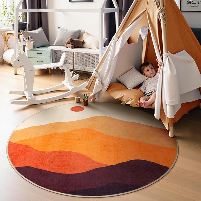 Sunset Round Rug 4ft, Orange Round Bathroom Rug Non Slip Washable Circle Rug for Entryway, Soft Circular Bedroom Rugs Abstract Throw Carpet for Living Room Dining Room