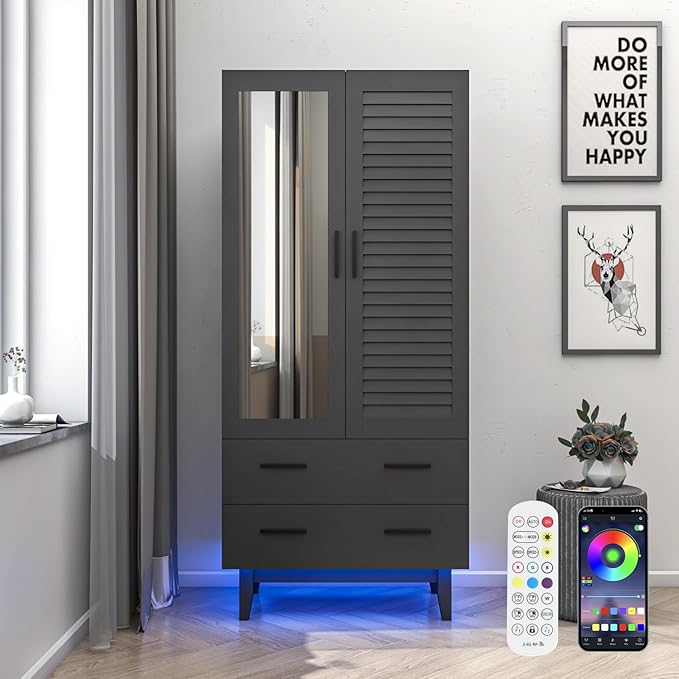 2 Door Armoire Wardrobe Closet Cabinet with Mirror, Drawers and LED Lights, Multi-Tier Shelves, Hanging Rod & 2 Louver Doors, Large Capacity Storage Wardrobe Armoire for Bedroom, Black