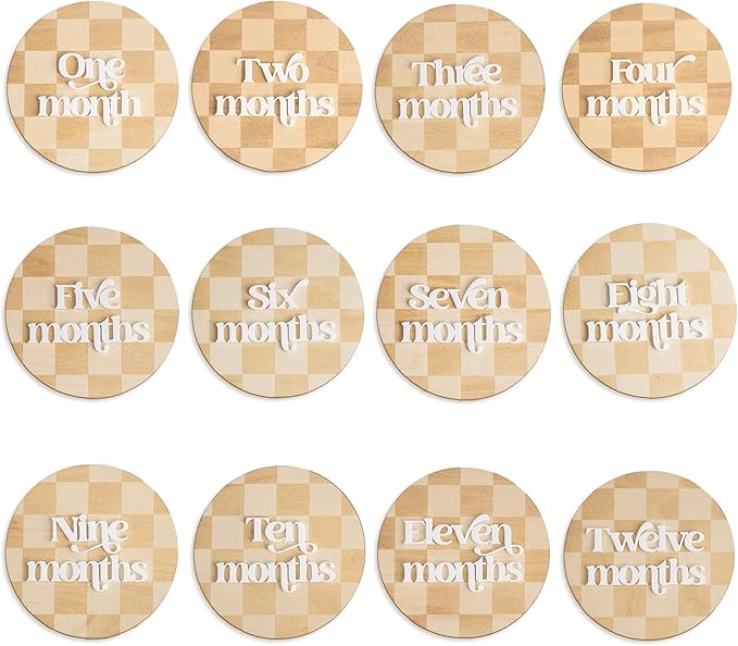 Wooden 3D Baby Monthly Milestone Cards Monthly Milestone Discs Newborn Photography Props Baby Announcement Sign Baby (Checkered)