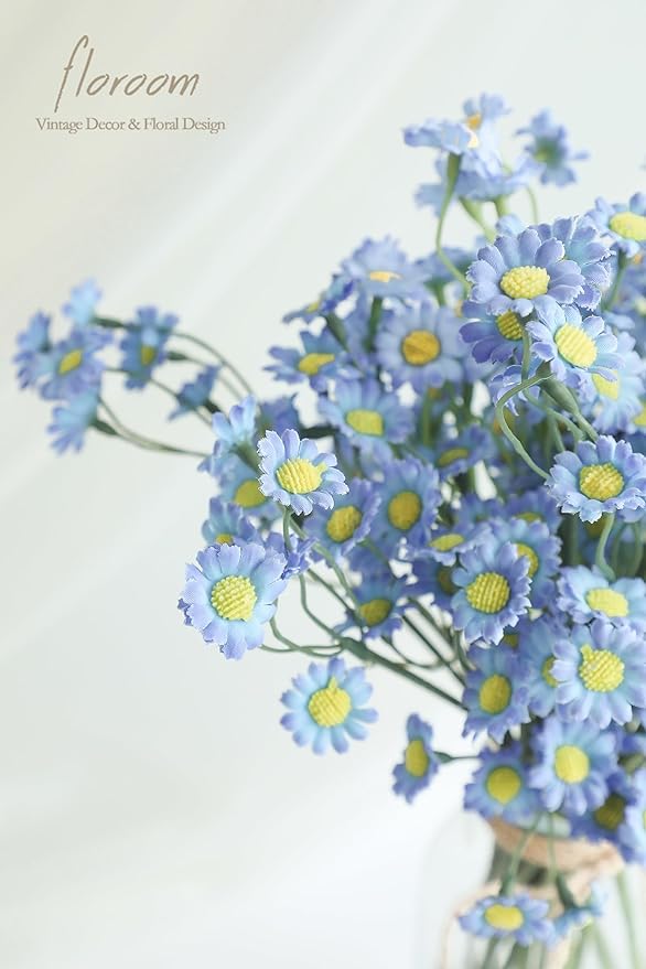 Floroom 24pcs Dusty Blue Small Artificial Flowers Faux Silk Daisies Fake Wildflowers with Stems for DIY Wedding Bouquets Floral Arrangements Party Decor Centerpieces Decorations (Vase Not Included)