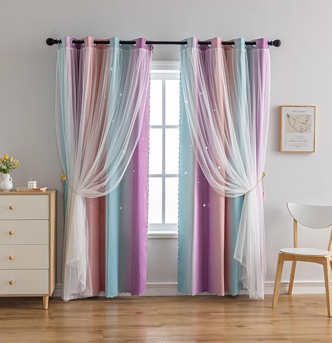 Star Girl and Kids Curtains for Bedroom Rainbow Ombre Double Layer Cute Shot Nursery Darkening Grommet Princess Room Décor 2 Panels Living Room Window Curtain (Pink Purple 35W x 48L)