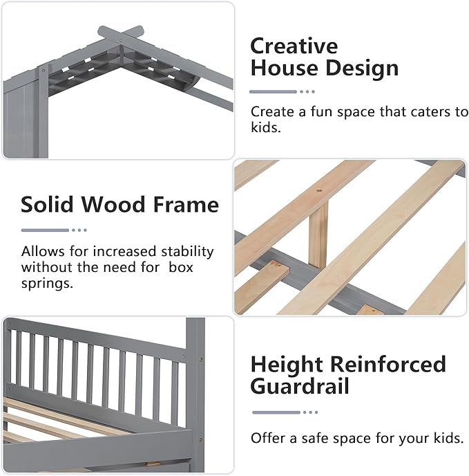 Full Size Bed Frames for Kids, House Bed with Trundle and Shelves, Wood Playhouse Platform Bed Frame with Window and Fence for Boys Girls, Gray, 74.4" L x 58" W x 72" H