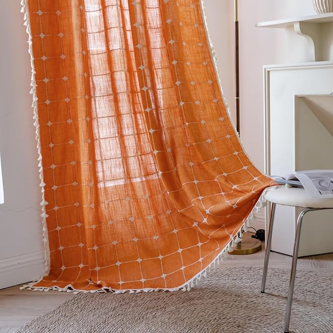 Deeprove Boho Curtains 63 Inches Long for Bedroom Living Room, Cotton Linen Plaids Textured Semi Blackout Bohemian Farmhouse Fall Window Treatment Grids Drape Tassels, 1 Panel W52 x 63, Burnt Orange