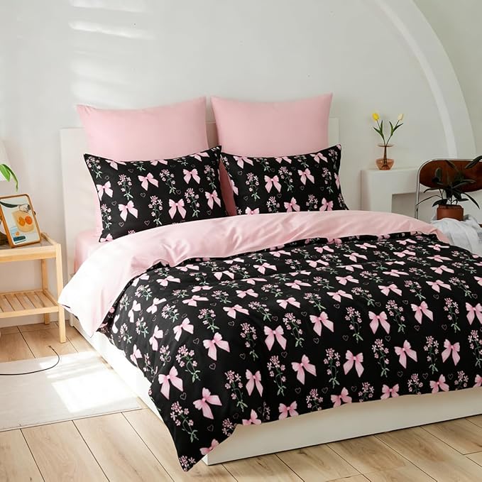 Twin Duvet Cover 2Pcs Black Pink Bow Bedding Set for Girls Kids, Cute Floral Bowknot Design, Super Soft 100% Microfiber Comforter Cover (1 Pillowcase, No Comforter)
