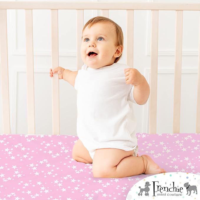 Frenchie Mini Couture Fitted Pack N Play Sheets 100% Woven Cotton Standard Mattress, Pink Stars, 27 x 39in, 2-Pack