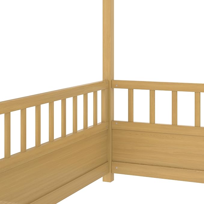 Ball & Cast Twin Size House Bed Frame,Montessori Floor Bed with Safety Fence and Roof for Kids,Wood Platform Bedframe W/Open Door for Girls Boys,Bedroom,Playroom,Easy Assembly,Natural