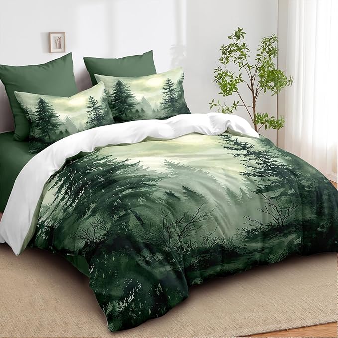 Pine Tree Duvet Cover Full Size Forest Olive Green Duvet Cover Set Gradient Watercolor Botanical Bedding Set Soft Breathable Microfiber Comforter Cover(2 Pillowcases, No Comforter)