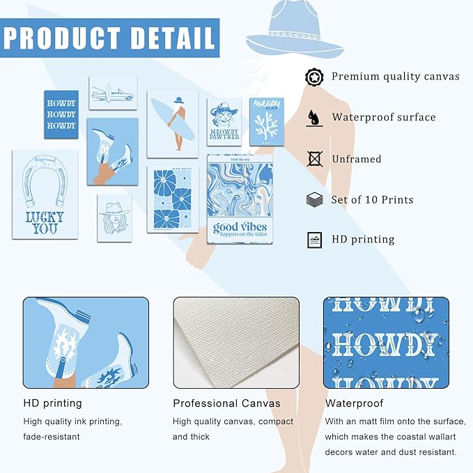 Uniro Coastal Cowgirl Room Decor, Coastal Granddaughter Room Decor, Light Blue Beachy Wall Decor Aesthetic Poster Pictures, Trendy Beach Wall Art Prints Preppy Surf Posters for Teen Girls, Dorm Bedroom Apartment decor- UNFRAMED
