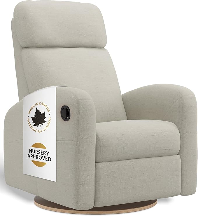 Hailey Modern Nursery Glider Recliner Chair (Manual) – Cozy Nursing Chair with 360° Swivel for New Parents, Gentle Motion, High Back & Low Armrests, Adjustable headrest, Canadian Made (Como Sand)