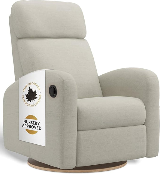 Hailey Modern Nursery Glider Recliner Chair (Manual) – Cozy Nursing Chair with 360° Swivel for New Parents, Gentle Motion, High Back & Low Armrests, Adjustable headrest, Canadian Made (Como Sand)