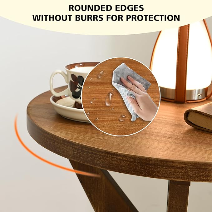 Farmhouse Round End Table Set of 2 with MDF Top and Crossed Legs, Mid Century Modern Side Table Small Accent Table for Small Space Stable Nightstand for Living Room, Natural Wood