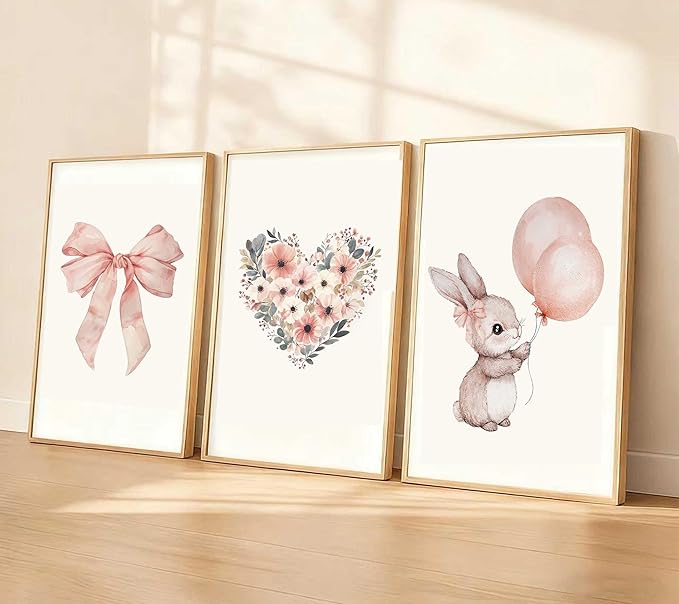 3 Pcs Nursery Bunny Wall art Love Wildflowers Painting Pictures Cute Animal Posters Prints Pink Girl Canvas Wall Decor for Girls and Boys Kids Room Baby Room Decor