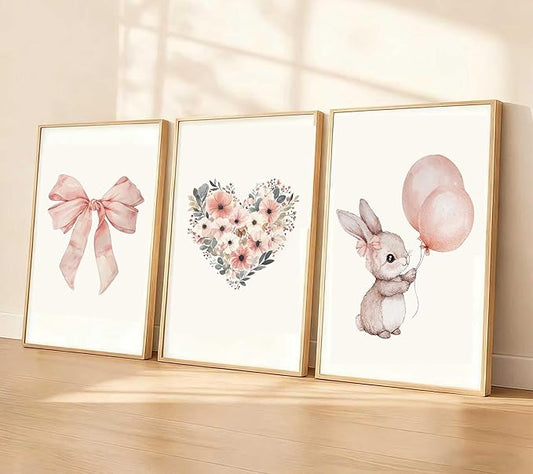 3 Pcs Nursery Bunny Wall art Love Wildflowers Painting Pictures Cute Animal Posters Prints Pink Girl Canvas Wall Decor for Girls and Boys Kids Room Baby Room Decor