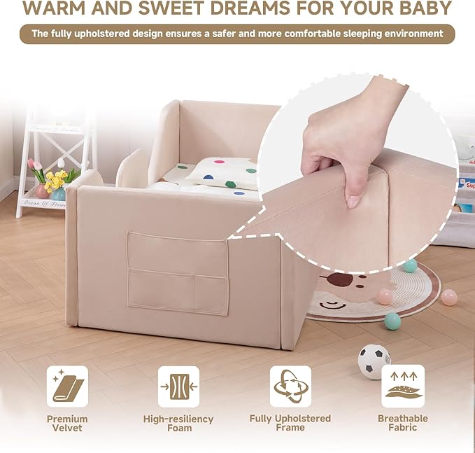 Toddler Floor Bed with Removable Safety Rails and Storage Bag, Kids Bed for Girl and Boys, Standard Crib Size, Safety Upholstered Child Beds, Low to Floor Design