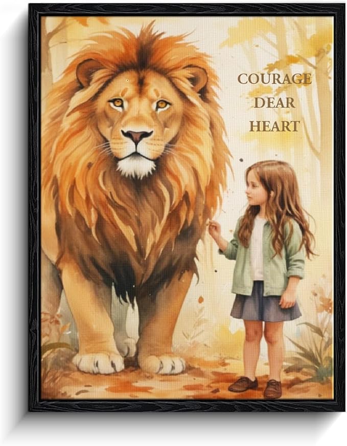 Courage Dear Heart wall art, bravery encouragement quote, watercolor animal wall decor, matte finish framed canvas print, kids motivational poster artwork, for nursery birthday gift, 12x15 inch