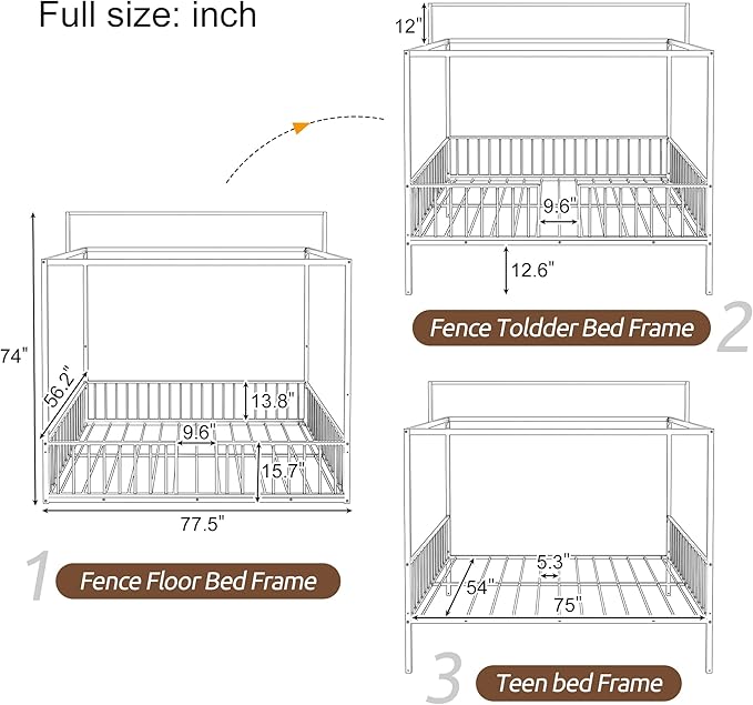 Merax Full Size Convertible Montessori Floor Bed, Metal House Bed Framefor Kids, Floor Beds with Fence for Kids,Black