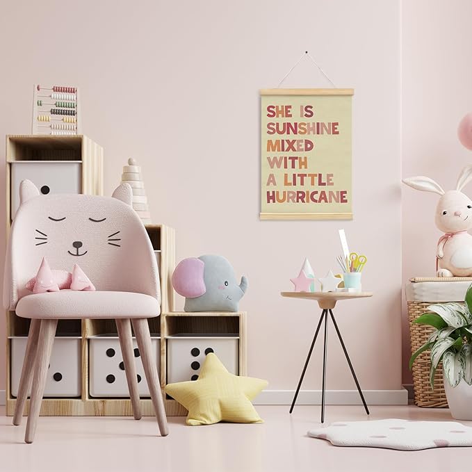 NaZaUK She is Sunshine Poster Hanger Frame, Pink Nursery Wall Art for Girls, Toddler Girl Bedroom Decor, Inspirational Hanging Banner for Baby Girls Room or Playroom, 12x16 Inch