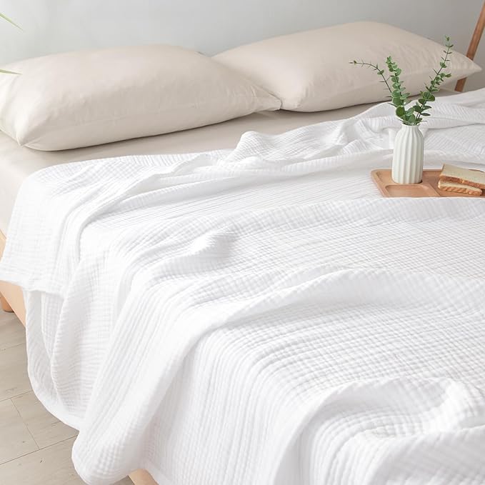 PHF 100% Cotton Muslin Blanket King Size 108"x90", 4-Layer Lightweight Gauze Throw, Breathable Cloud-Soft Minimalist Blanket for Bed, Couch, Camping & Baby, White, Ideal Gift
